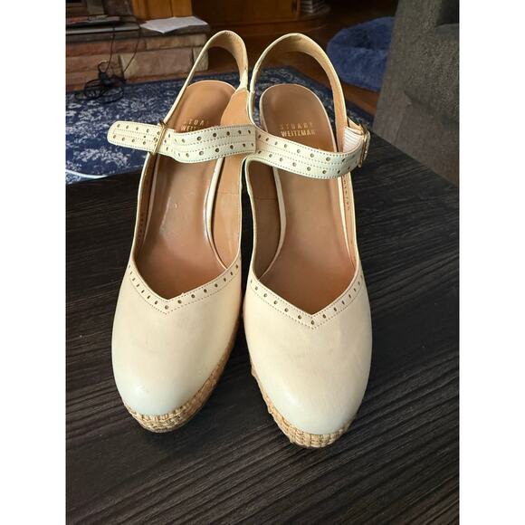Stuart Weitzman Ivory Leather and Raffia Platform Sling Back Heel Sz. 8M - Picture 2 of 9